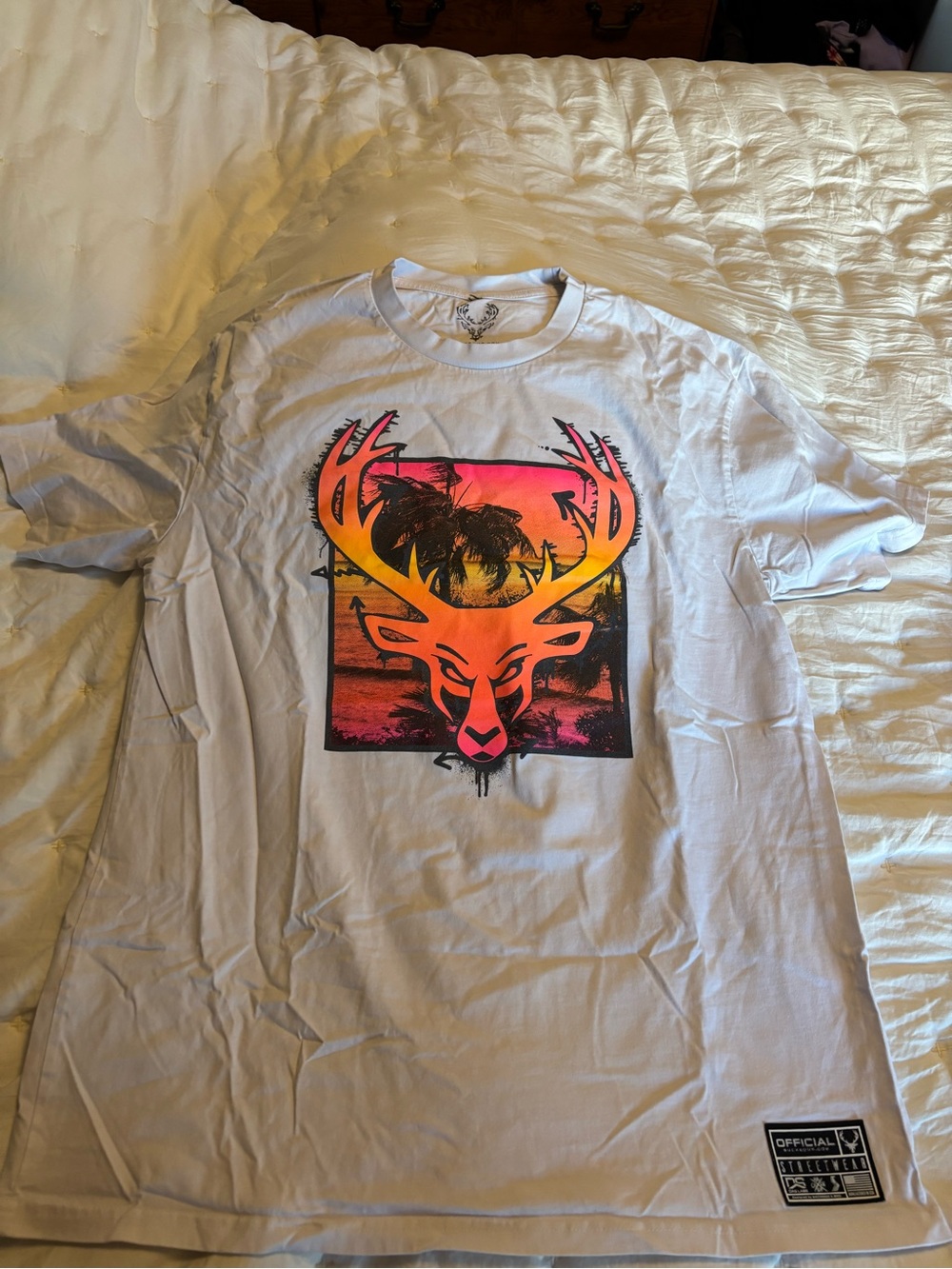 Bucked Up White Short Sleeve Tee with Neon Deer Sunset Graphic